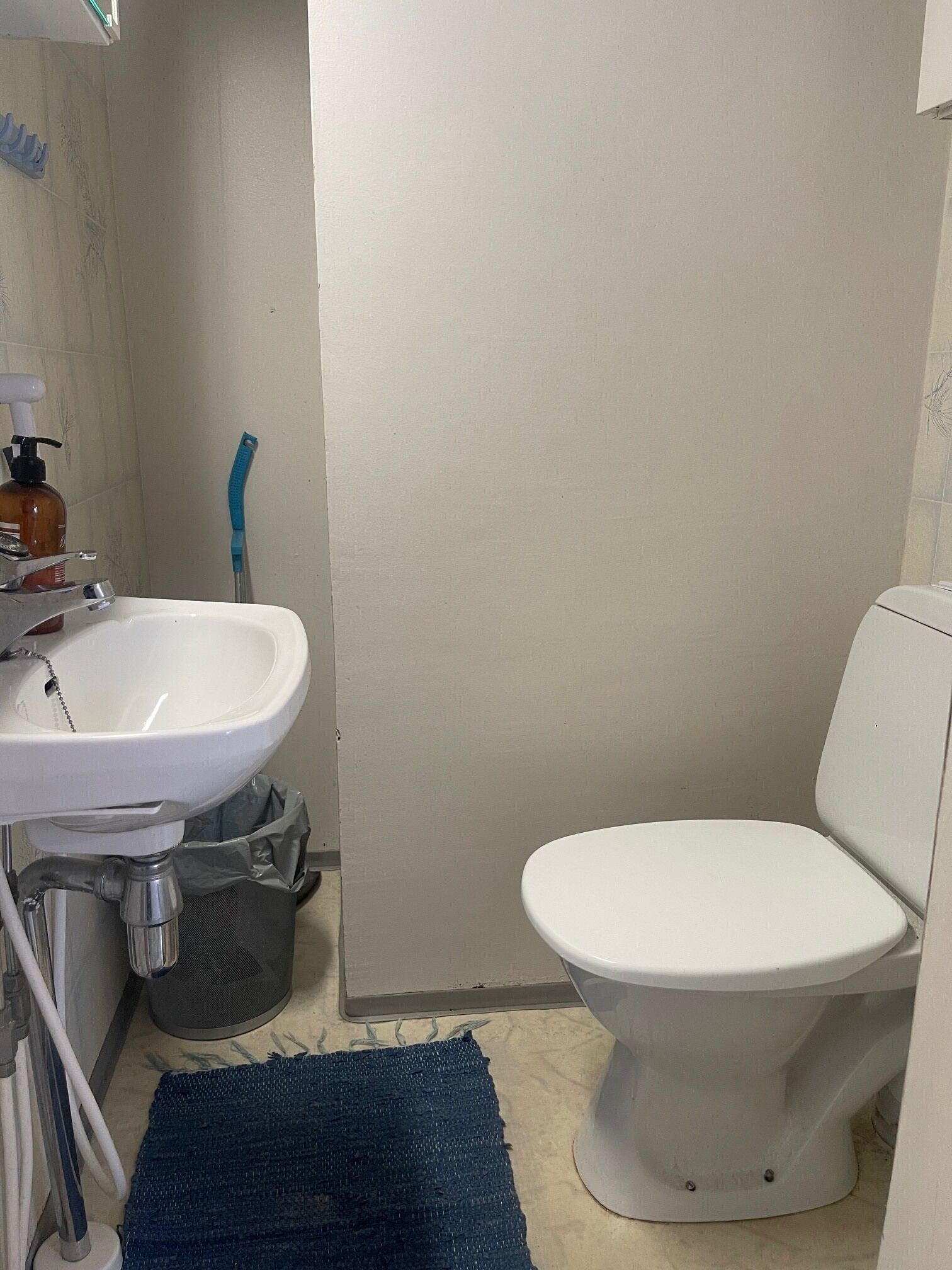 Une salle de bain avec un lavabo blanc, des toilettes, une brosse à dents bleue et une poubelle.