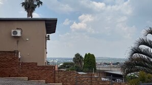 Uma área residencial com calçada pavimentada, muro de tijolos e uma palmeira.