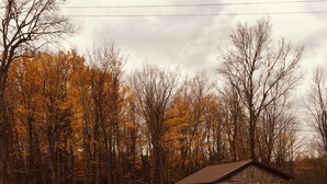 A rural landscape with a wooden barn, trees, and a grassy field.