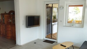 Ett vardagsrum med en grå soffa, en tv, ett träbord och en skjutdörr i glas som leder ut till ett utomhusområde.