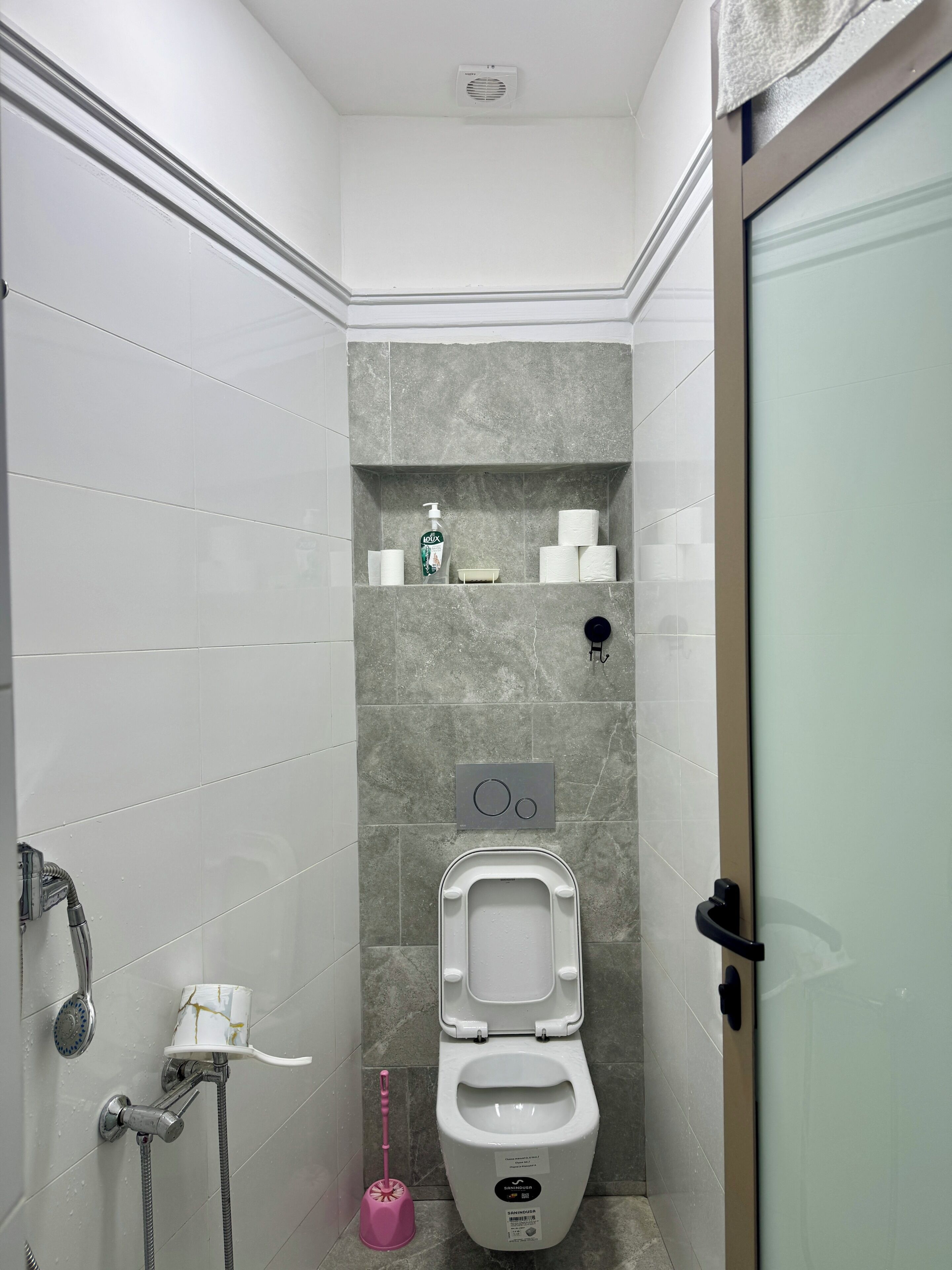 Hair dryer, towels, soap, shampoo