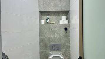Hair dryer, towels, soap, shampoo