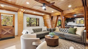 Smart TV, fireplace, video games, foosball