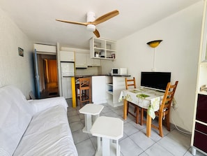 Un espacio habitable compacto con kitchenette, una zona de comedor con televisor y un sofá.