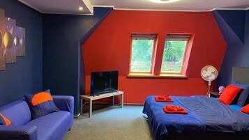 Una habitación con cama, sofá, televisión y ventana.