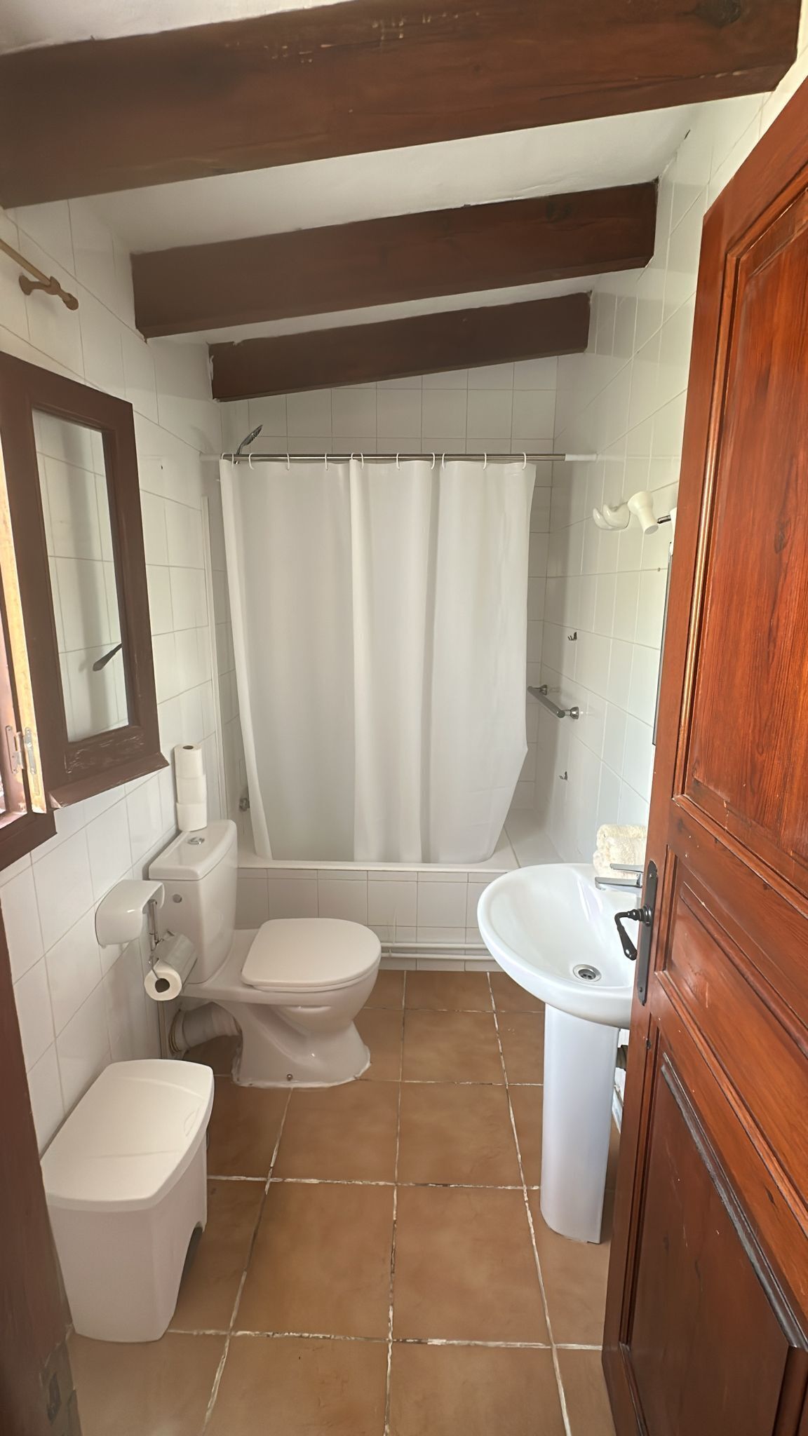 Secadora de cabello, toallas, jabón, papel de baño 