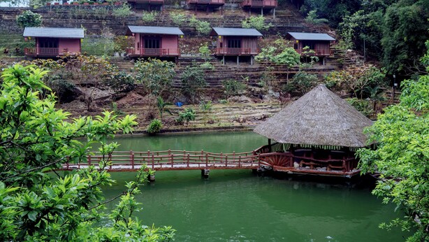 Une vue sur la rivière, avec un pont en bois, une cabane à toit de chaume et, au loin, plusieurs bâtiments aux toits rouges.