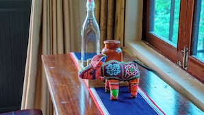 Une table en bois sur laquelle se trouvent une bouteille et un petit pot, une figurine d’éléphant aux couleurs vives, et une fenêtre donnant sur un paysage verdoyant.