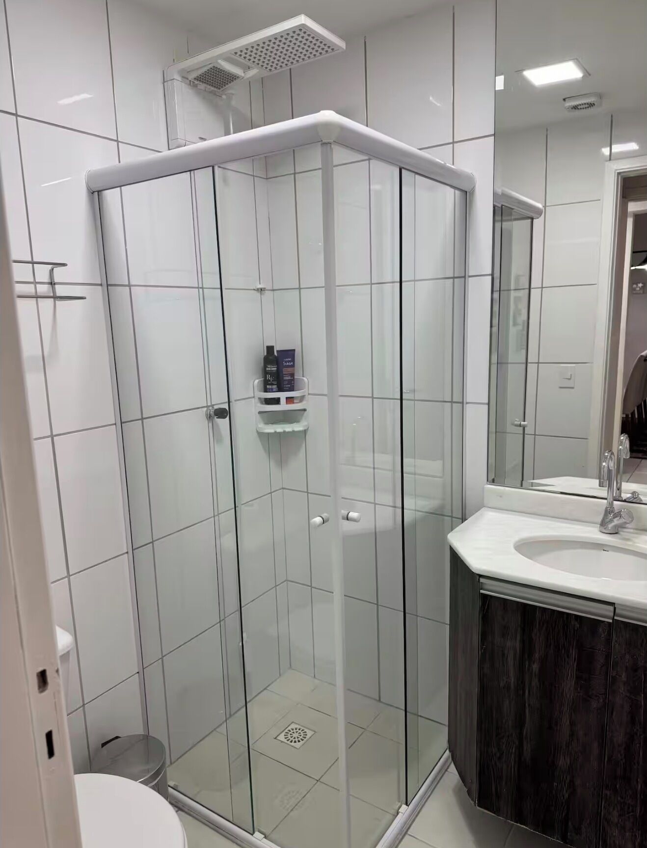 Une salle de bain moderne avec une douche à parois de verre, un lavabo blanc et un meuble-lavabo en bois foncé.