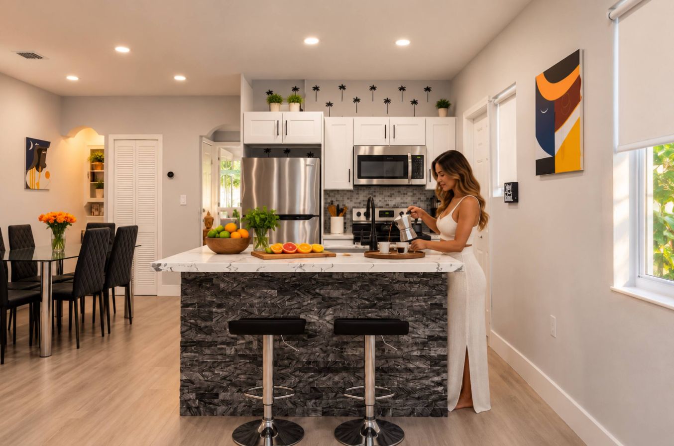 A modern kitchen with white cabinets, a stainless steel refrigerator, a microwave, and a bar area with stools.