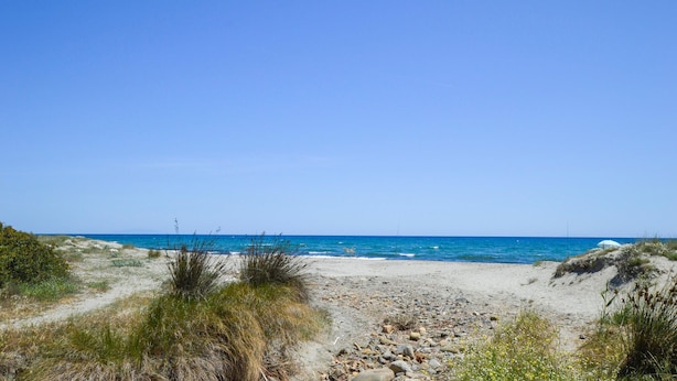 A beach with clear skies, sandy terrain, and sparse vegetation. - Villa vue mer au calme (SAN GIULIANO)