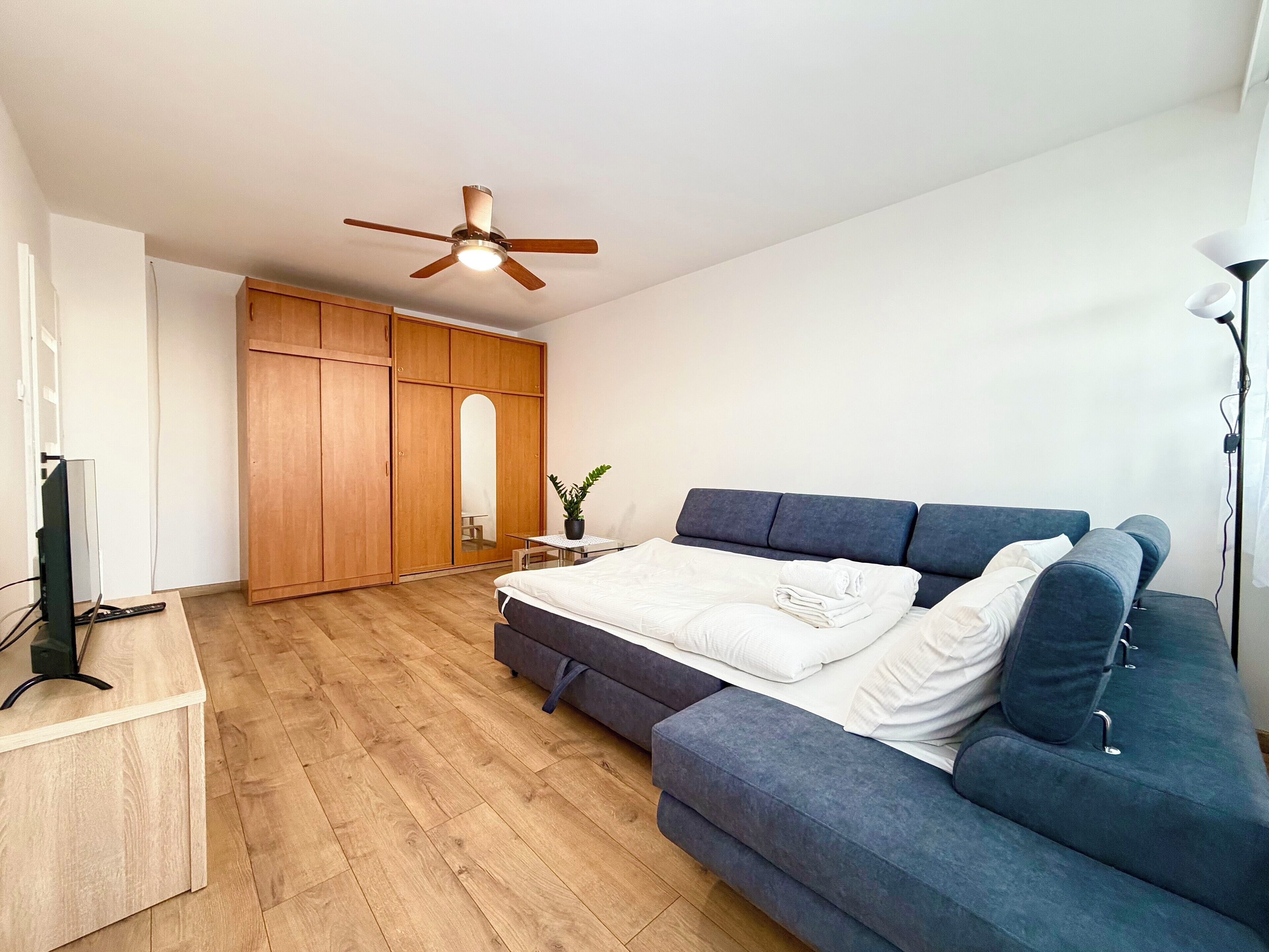 Un dormitorio con una cama, un sofá azul, un armario de madera, un ventilador de techo y un televisor sobre un mueble de madera.