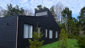 Une maison moderne, de couleur noire, avec un toit en pente, une petite fenêtre et une cheminée.