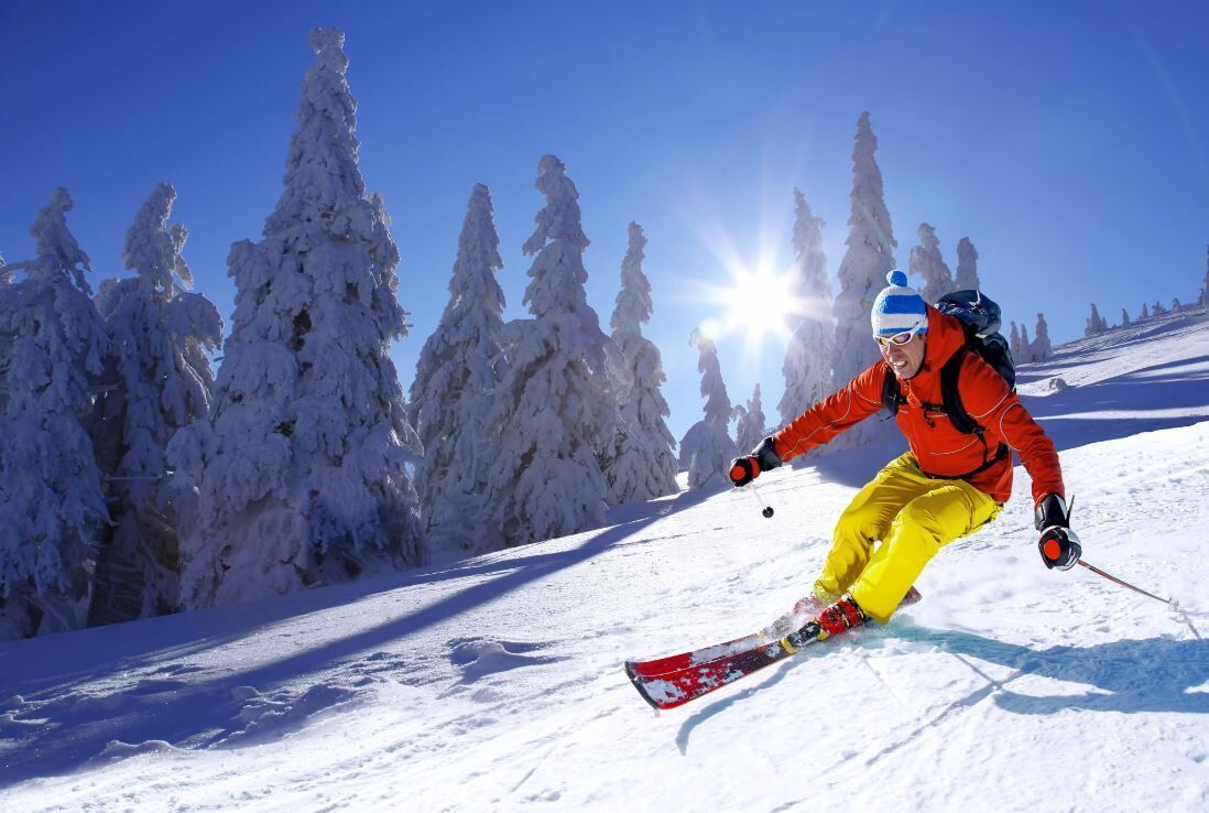 Un skieur sur une pente enneigée, avec des arbres couverts de neige et un ciel dégagé.