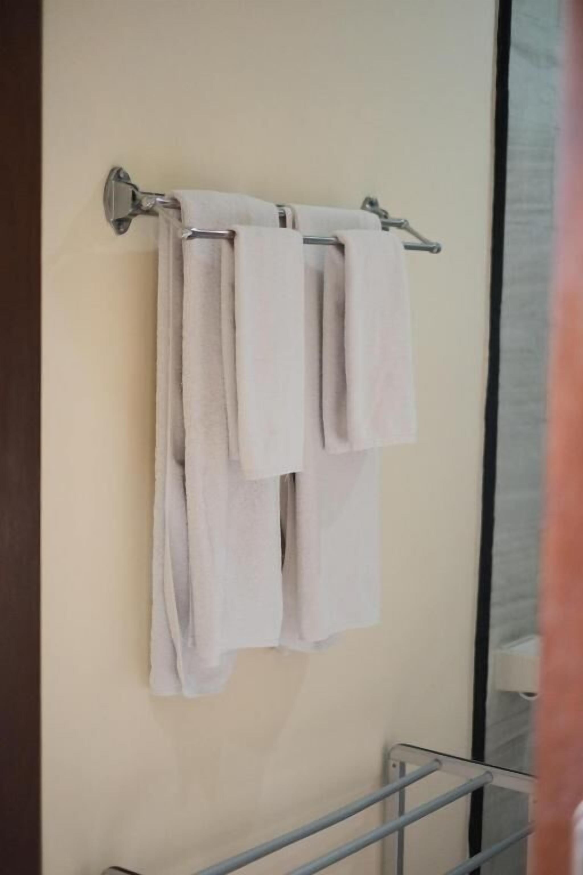 Un bany amb una barra per a tovalloles on hi ha tres tovalloles, una cabina de dutxa de vidre i un vàter visible.