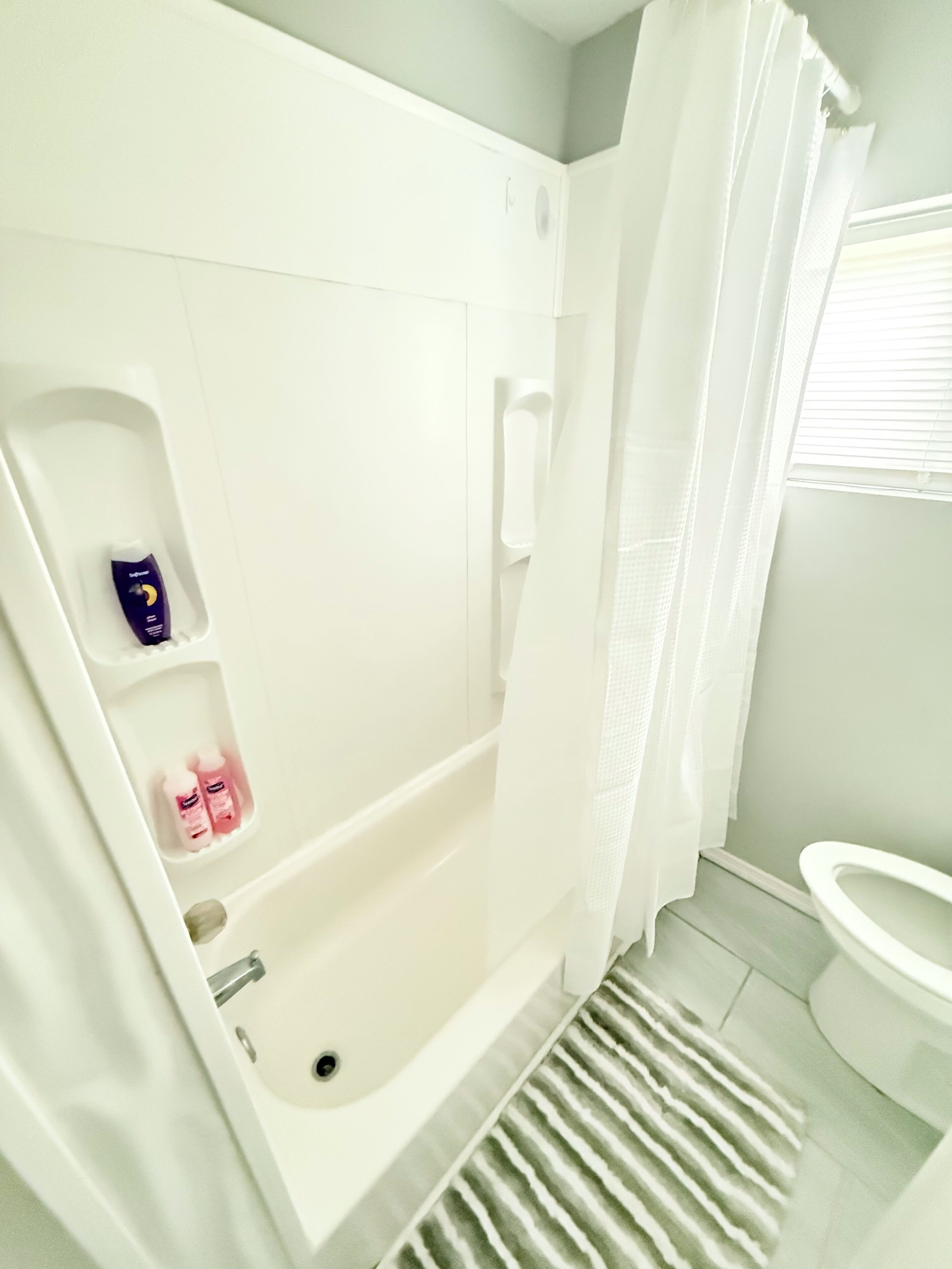 Hair dryer, towels, soap, toilet paper