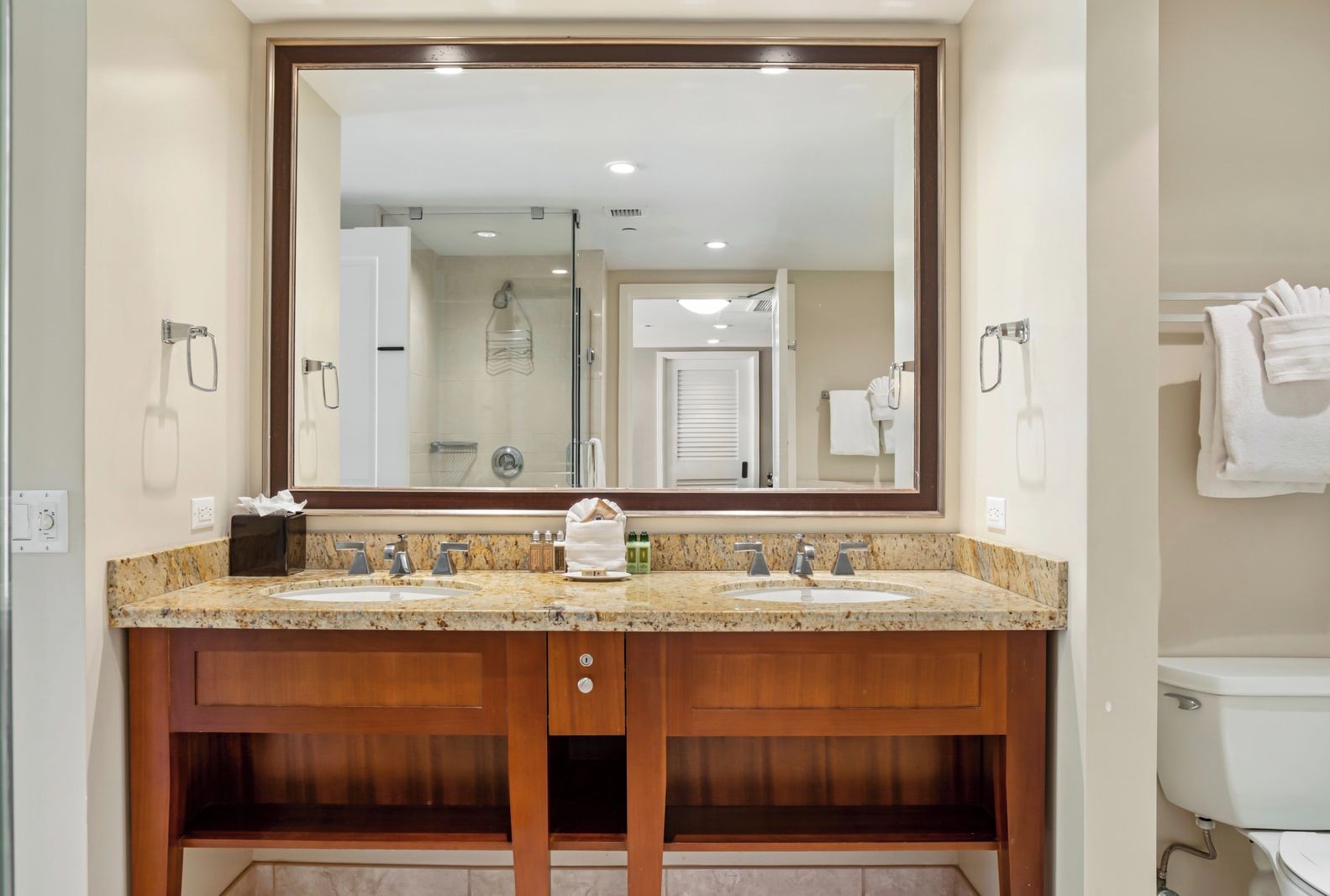A bathroom with a double sink vanity, a large mirror, and a toilet.