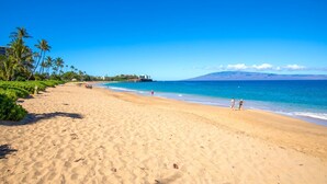 A wide sandy beach with palm trees and a clear blue sky.
