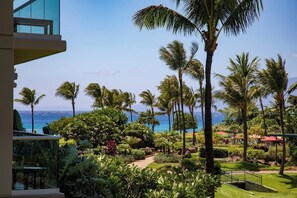 Un resort con vista al océano, palmeras y un jardín bien cuidado.