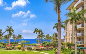 Un resort con piscina, palmeras y vista al océano.