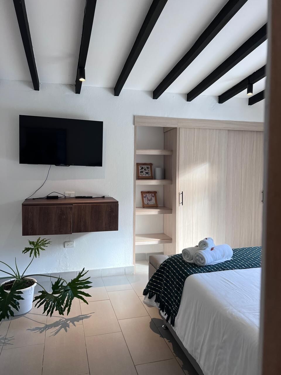 Un dormitorio con cama, televisor montado en la pared, aparador de madera, armario y planta en maceta.