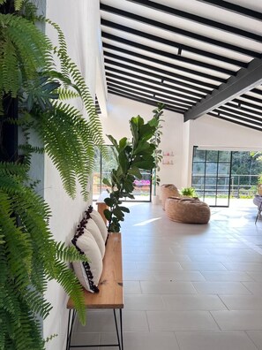 A modern interior with a wooden bench, large windows, and indoor plants. - Casa de campo cerca al aeropuerto MDE (Rionegro)