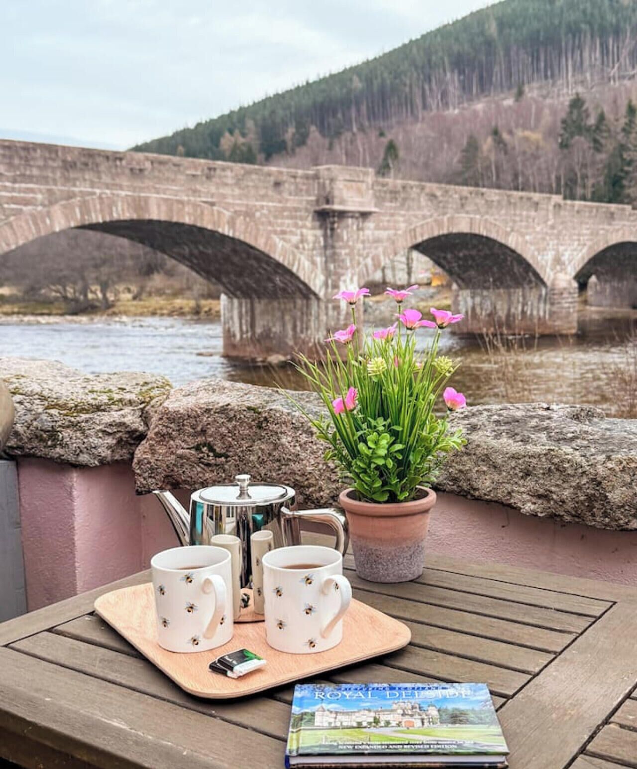 A wooden table with a tray holding a teapot, cups, a book, and a potted plant with pink flowers.