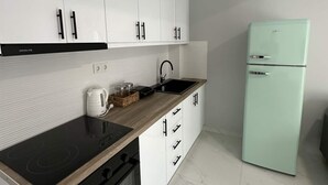 Eine moderne Küche mit weißen Schränken, einer schwarzen Kochplatte, einem Spülbecken und einem mintgrünen Kühlschrank.