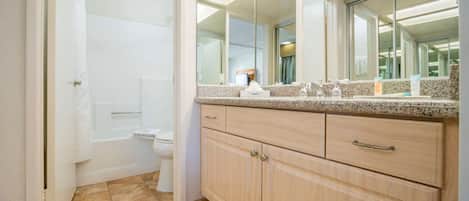 Hair dryer, towels, soap, toilet paper