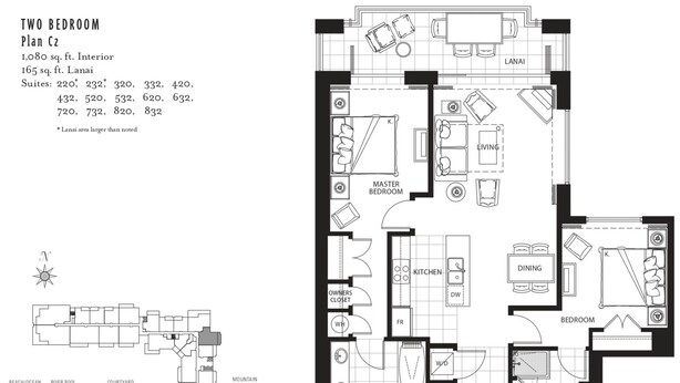 Un appartement comprenant deux chambres, dont une chambre principale, deux salles de bain, une cuisine, un coin repas et un salon.
