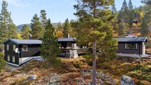 Trois cabanes aux fondations en pierre, entourées d’une forêt dense et d’un feuillage automnal.