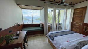Una habitació amb un llit, un escriptori, una finestra amb vistes i un ventilador de sostre.