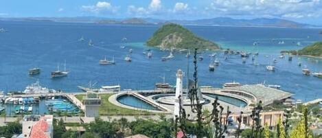 A coastal town with a marina, buildings, and a lighthouse.