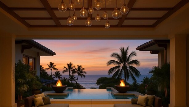 Zona de piscina interior lujosa con vista al atardecer, que cuenta con dos sofás y un hogar para fuego.