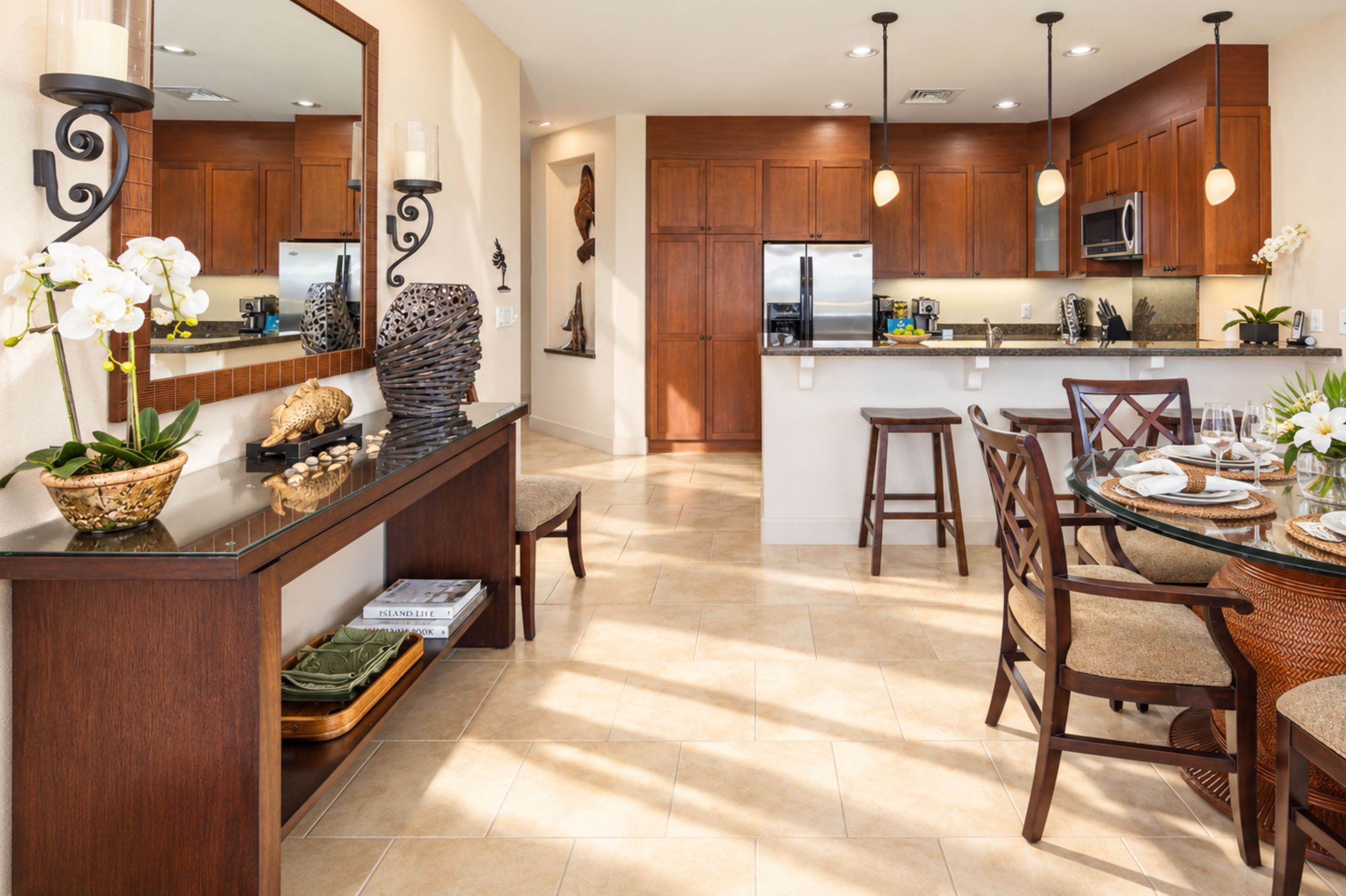 Full size appliances and generous wood cabinetry give your kitchen practical space for meals, with an open flow into the dining room. HLI-12A
