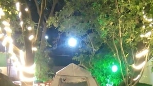 Een tent opgesteld in een tuin, met een pad van stenen dat ernaartoe leidt, omringd door bomen en lichtjes.