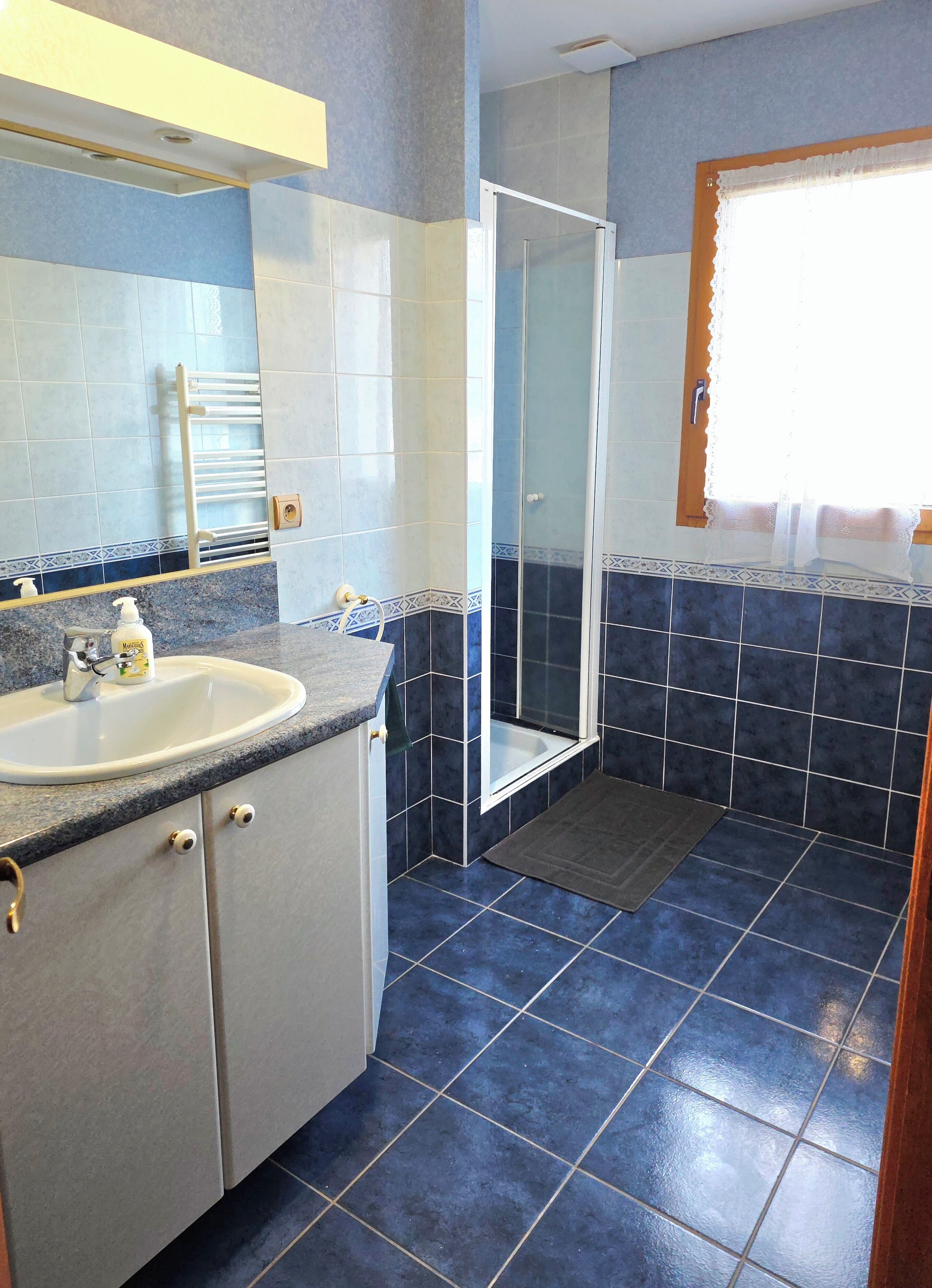 Douche, séchoir à cheveux, serviettes fournies, savon