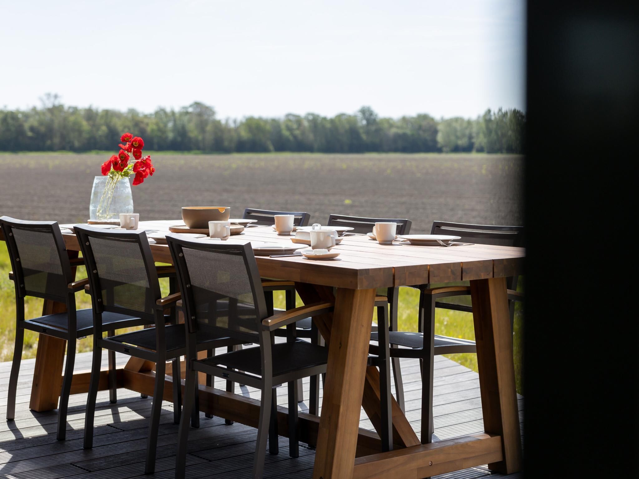 Ein Holztisch draußen mit Stühlen, eine Vase mit roten Blumen und Blick auf ein Feld.
