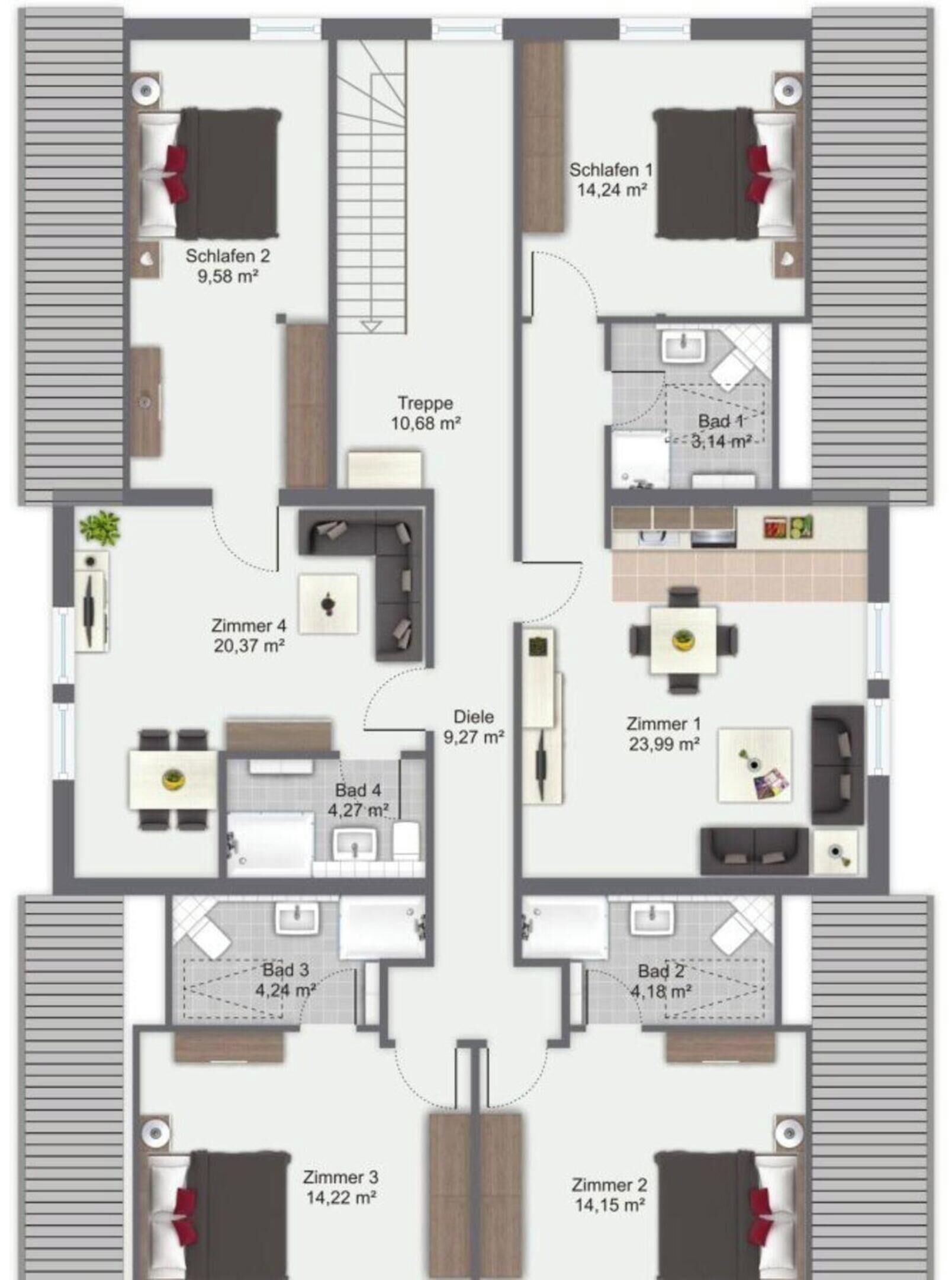 A floor plan of a hotel with four bedrooms, two bathrooms, a dining area, and a living room.