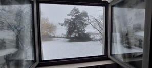 A window with a view of a snowy landscape, including trees and a fence. - House Ardennes Blue in Theux Near Spa (Theux)