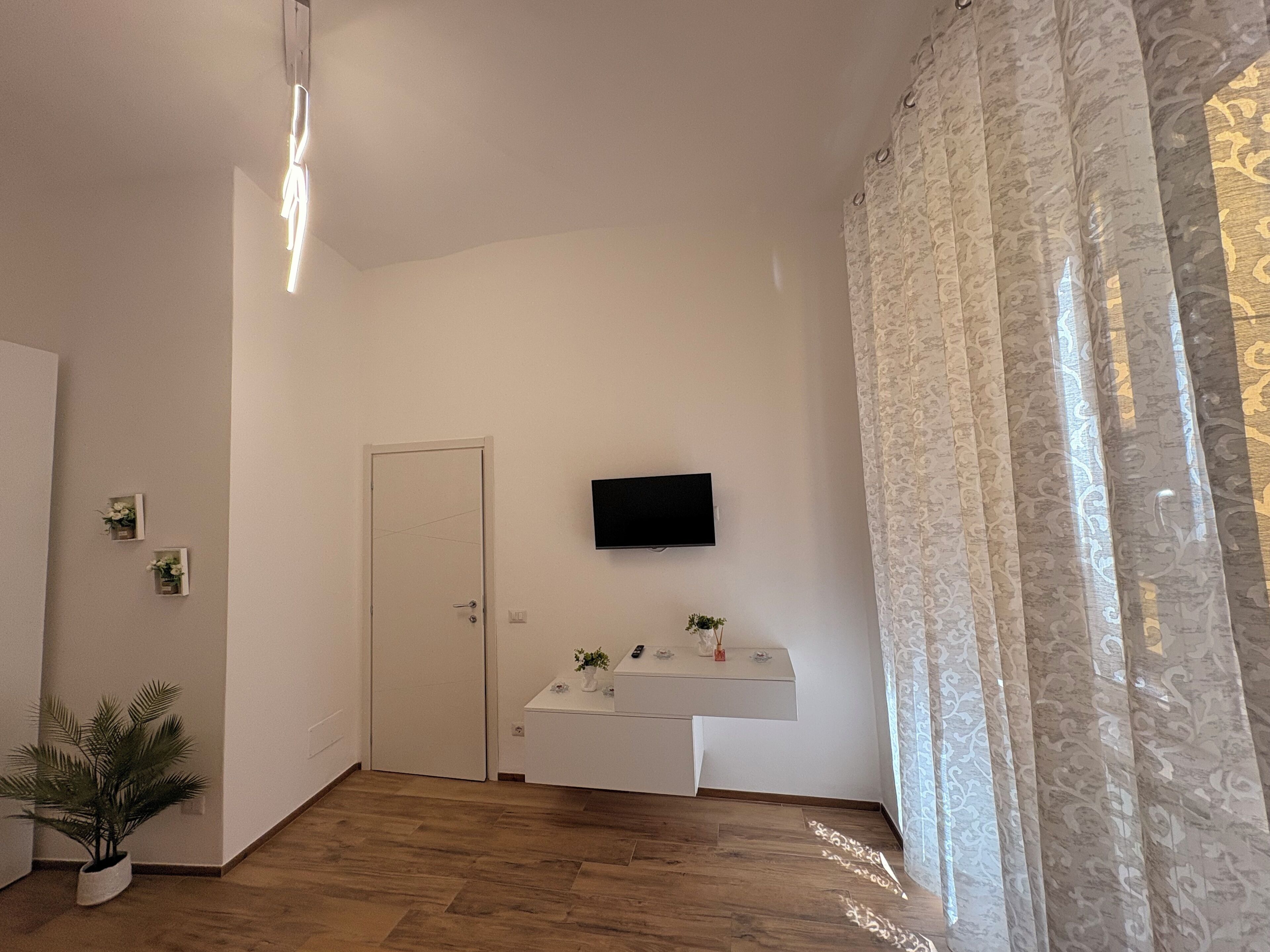 Una habitación con piso de madera, una puerta blanca, un televisor montado, una pequeña mesa blanca con una planta y una cortina estampada.