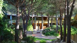 Un edificio con un patio central rodeado de árboles, un sendero de piedra y una pequeña zona ajardinada.