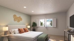 A bedroom with a bed, two bedside lamps, a potted plant, a window with shutters, and a TV on a stand. - Beachside Boutique Hotel + Pool + Hot Tub + Rooftop| The Mara by AvantStay (Laguna Beach)
