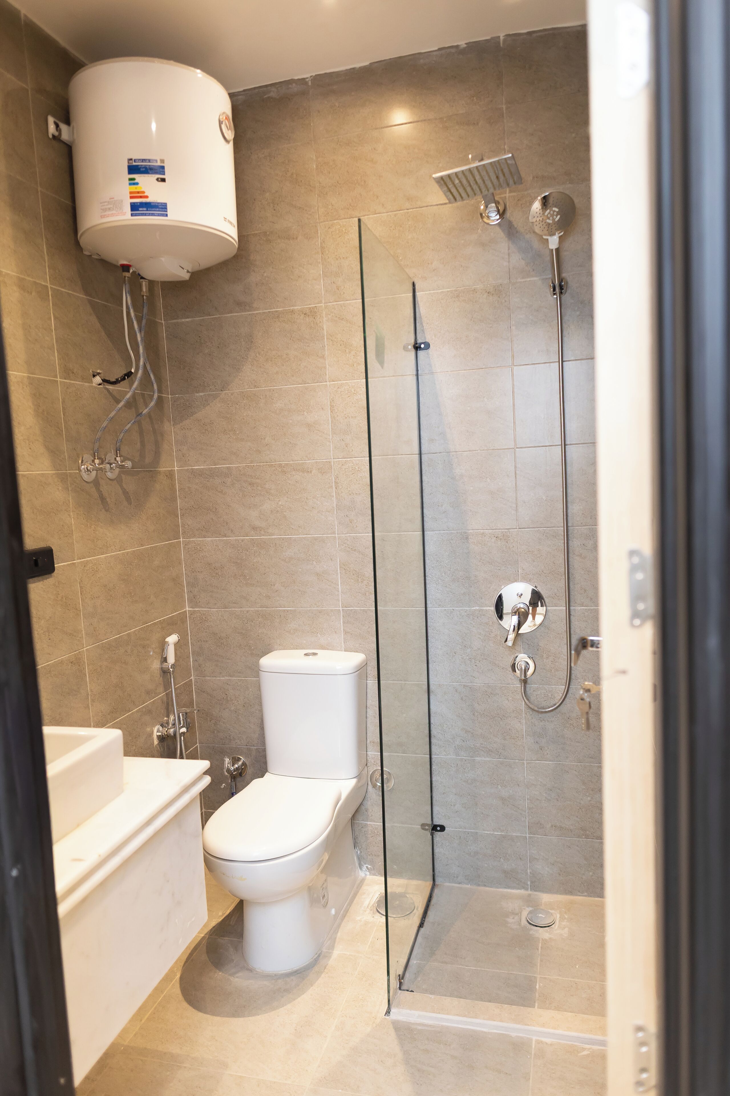 Shower, towels, toilet paper