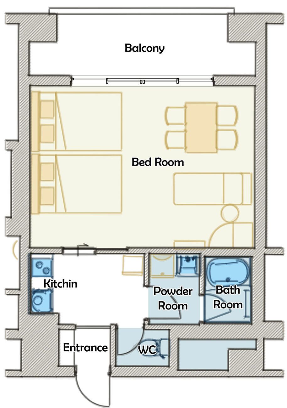 Plano de planta con balcón, dormitorio, cocina, baño de visitas, baño completo y entrada.