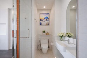 Family Apartment, Balcony, Mountain View | Bathroom | Shower, hair dryer, slippers, towels - The Dome Hon Thom Boutique Hote (Phu Quoc)