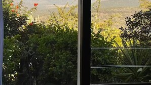 A view through a window with a curtain, featuring a landscape with mountains and greenery.