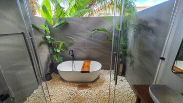 Shower, hair dryer, towels, soap