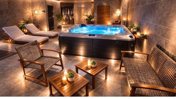 Un espace spa comprenant un bain à remous, des chaises longues et des tables en bois.