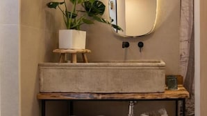A bathroom with a sink, mirror, potted plant, and towels. - La Posada de Consuelito (Chiloeches)